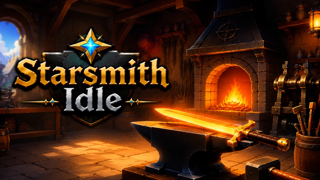 Starsmith Idle blacksmith anvil forging interface showing weapon crafting and dungeon expeditions