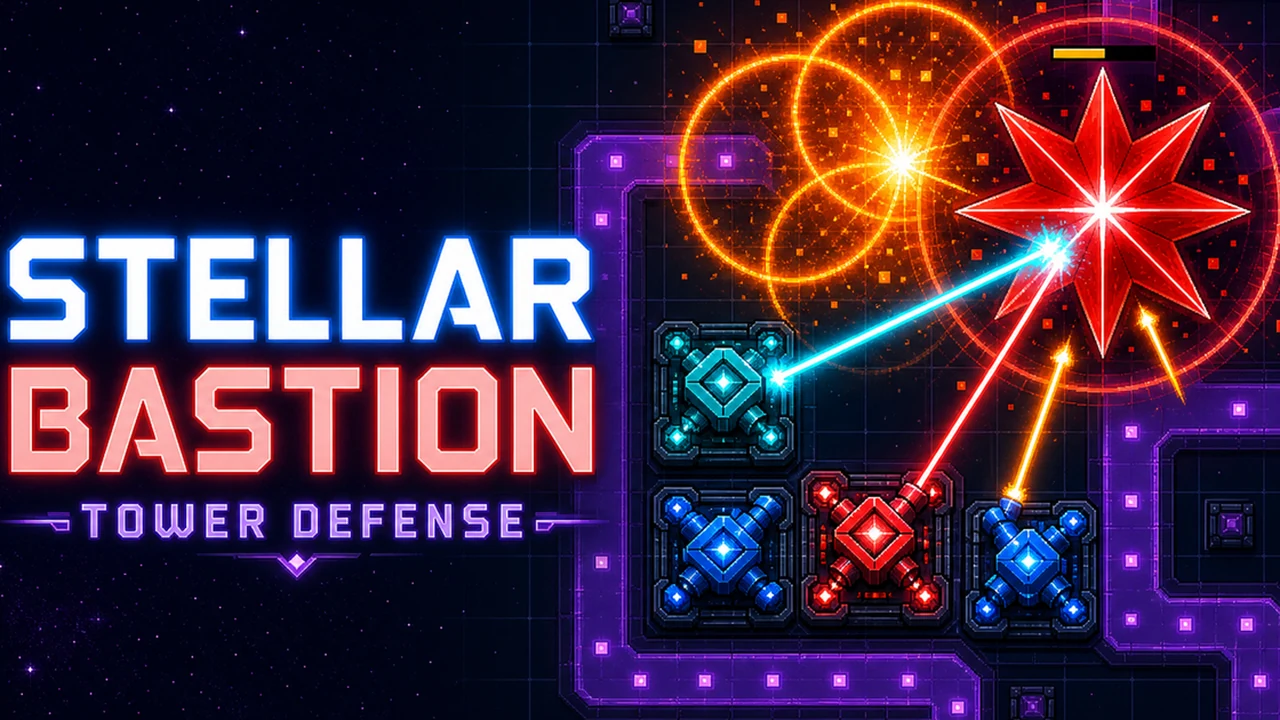 Stellar Bastion space station defense grid showing laser adjacency fusion unlocking high-tier plasma cannons