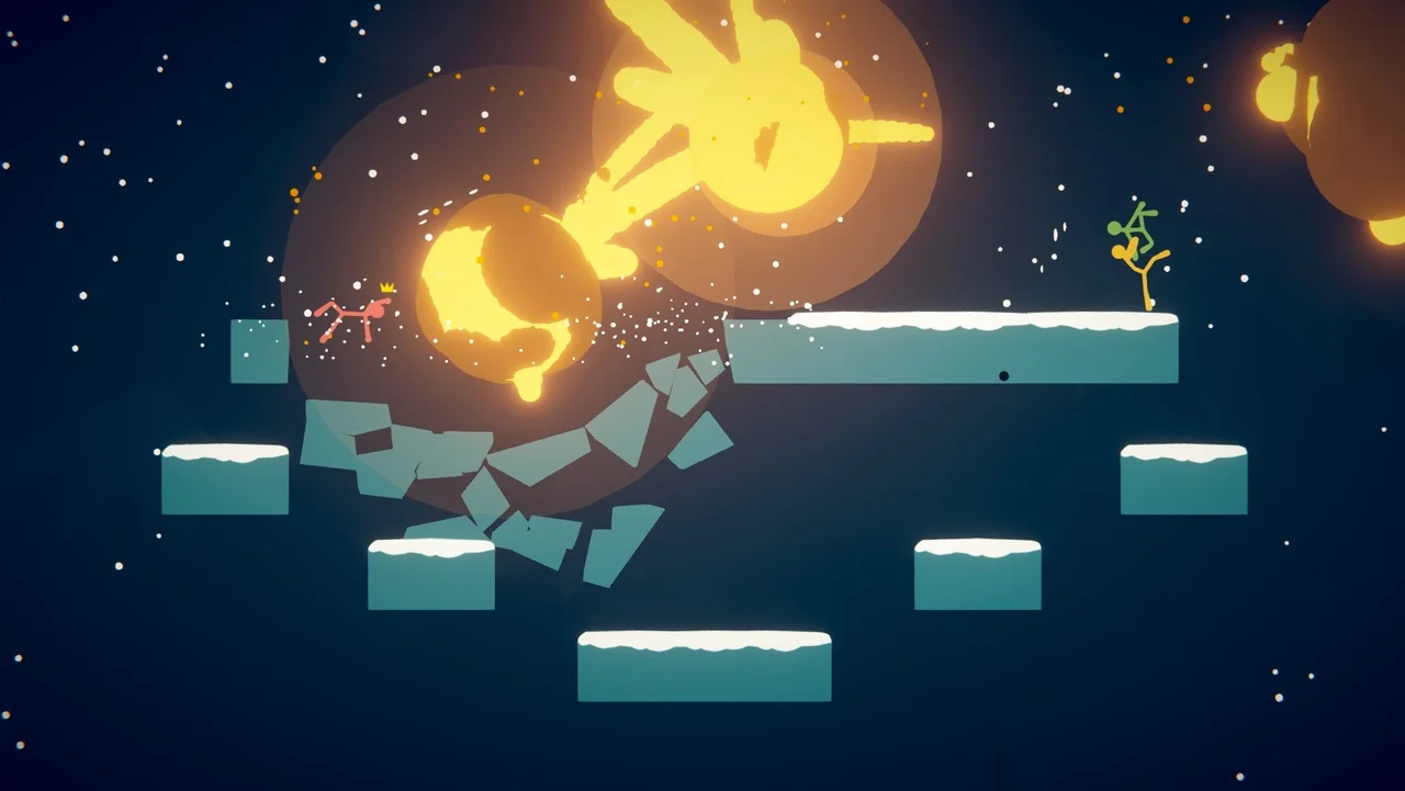 Stick Fight The Game arena explosion shattering floating platforms and sending stick figures flying
