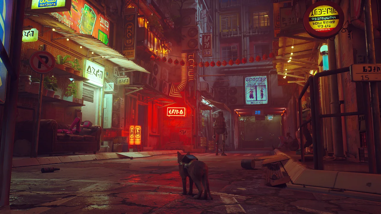 Ginger cat standing on an alleyway street lined with glowing neon signs and humanoid robots