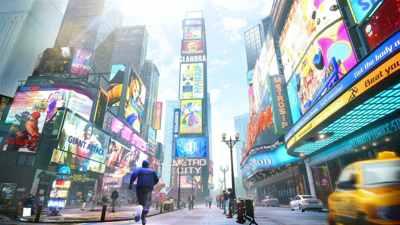 Ryu and Luke clashing in a colorful Metro City arena with Drive Impact effects in Street Fighter 6