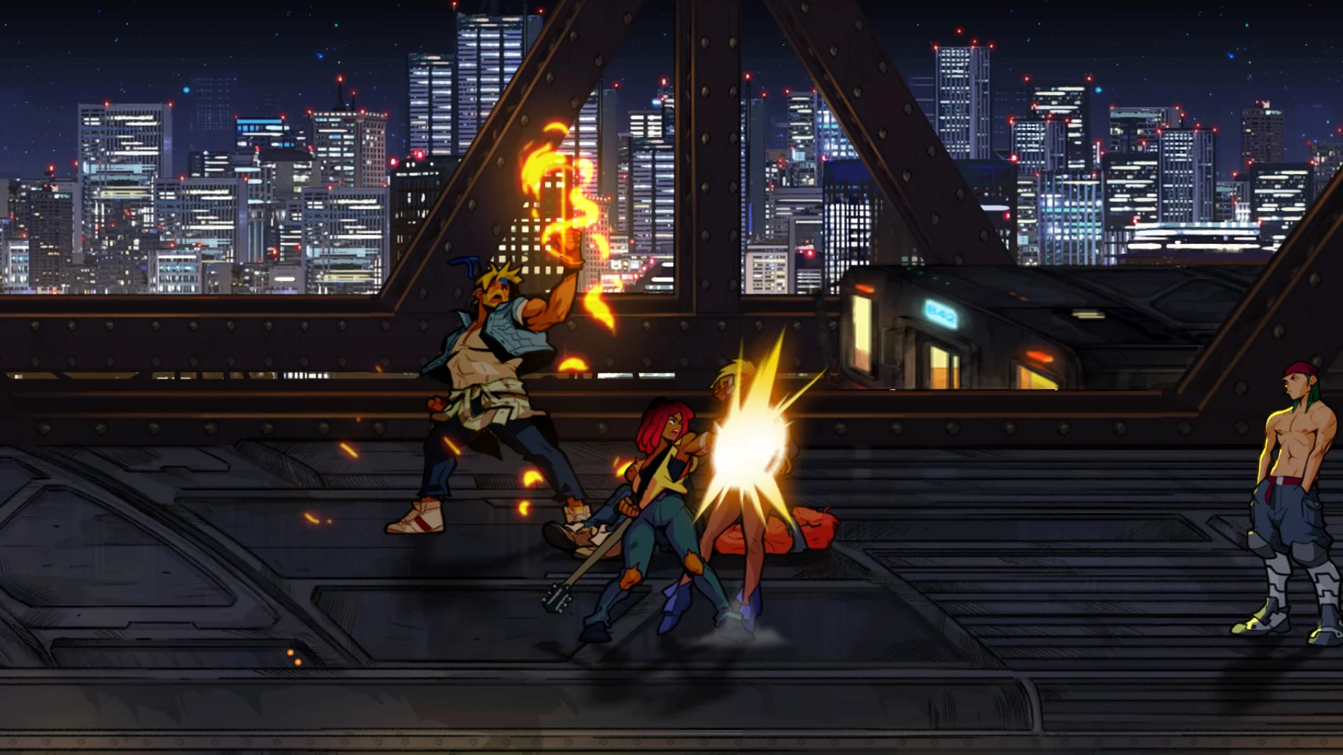 Streets of Rage 4 gameplay showing Axel Stone executing a flaming grand upper punch against neon syndicate street thugs