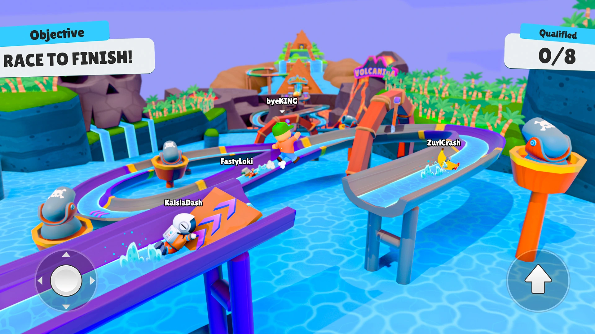Stumble Guys colorful 3D obstacle course race showing players leaping across rotating platforms toward the finish line