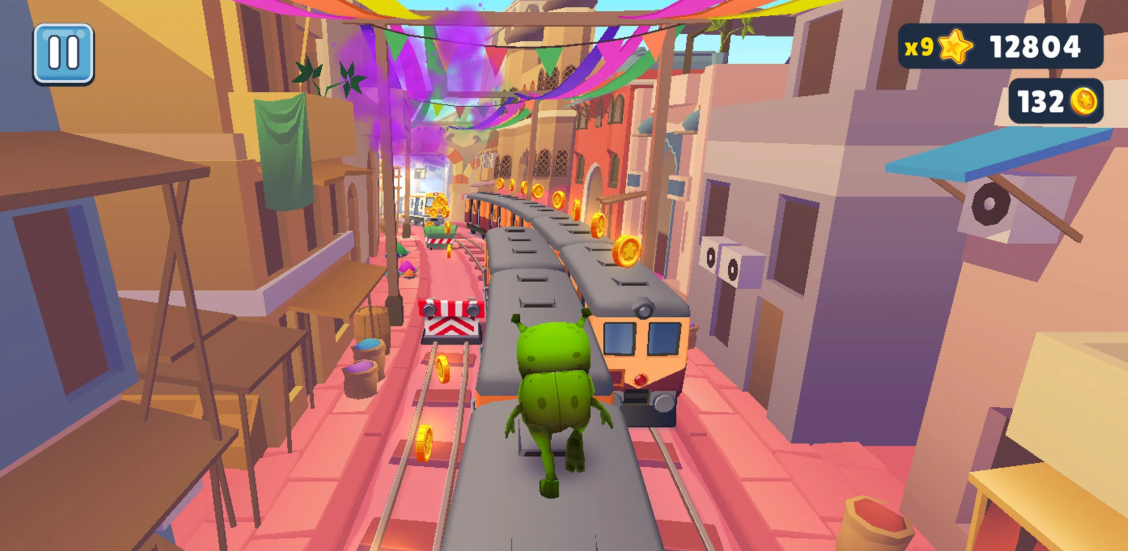 Gameplay screenshot of Subway Surfers showing Jake dashing down a three-track subway line avoiding incoming trains