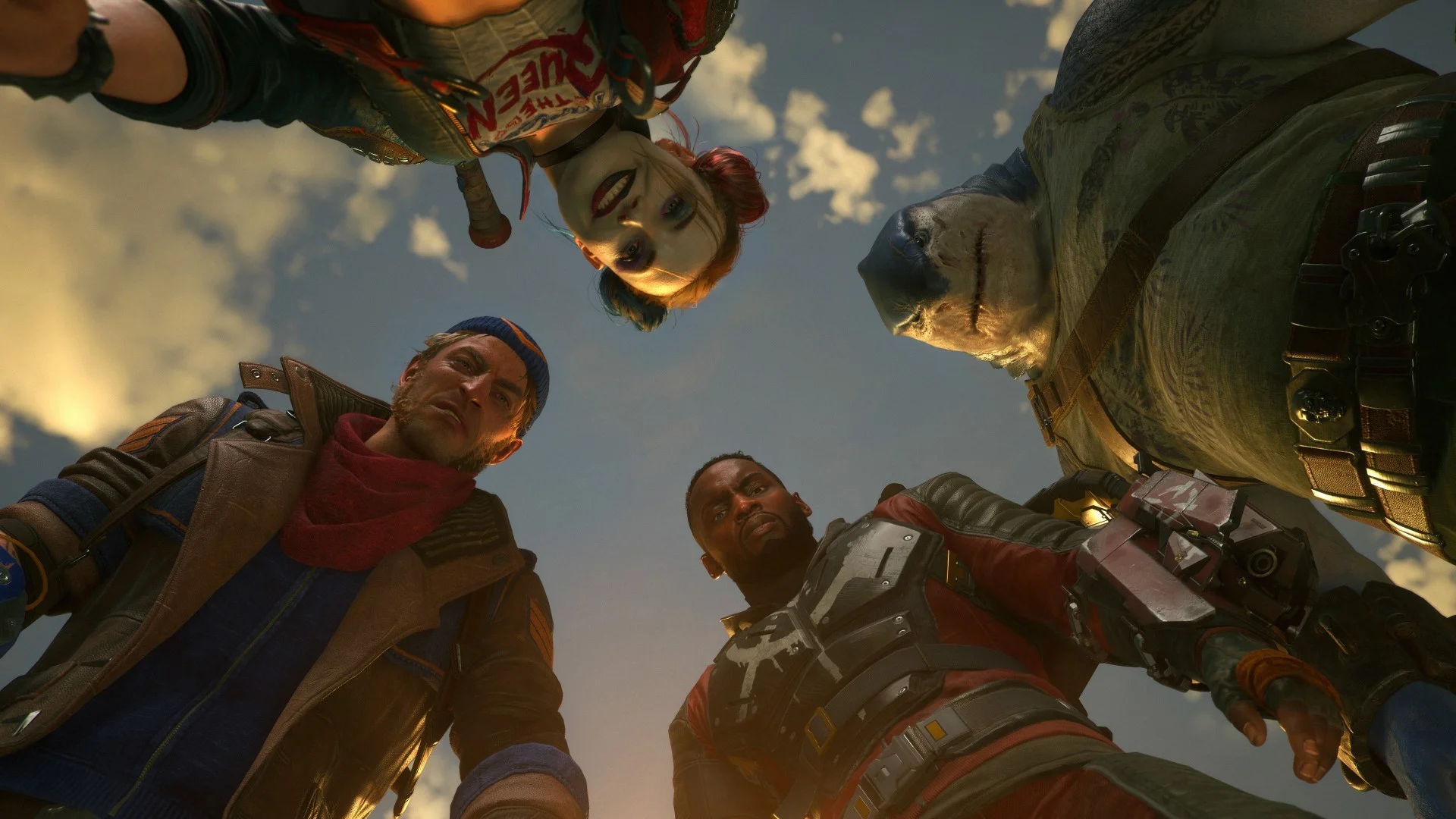 Third-person aerial combat and gunplay across sunlit Metropolis rooftops