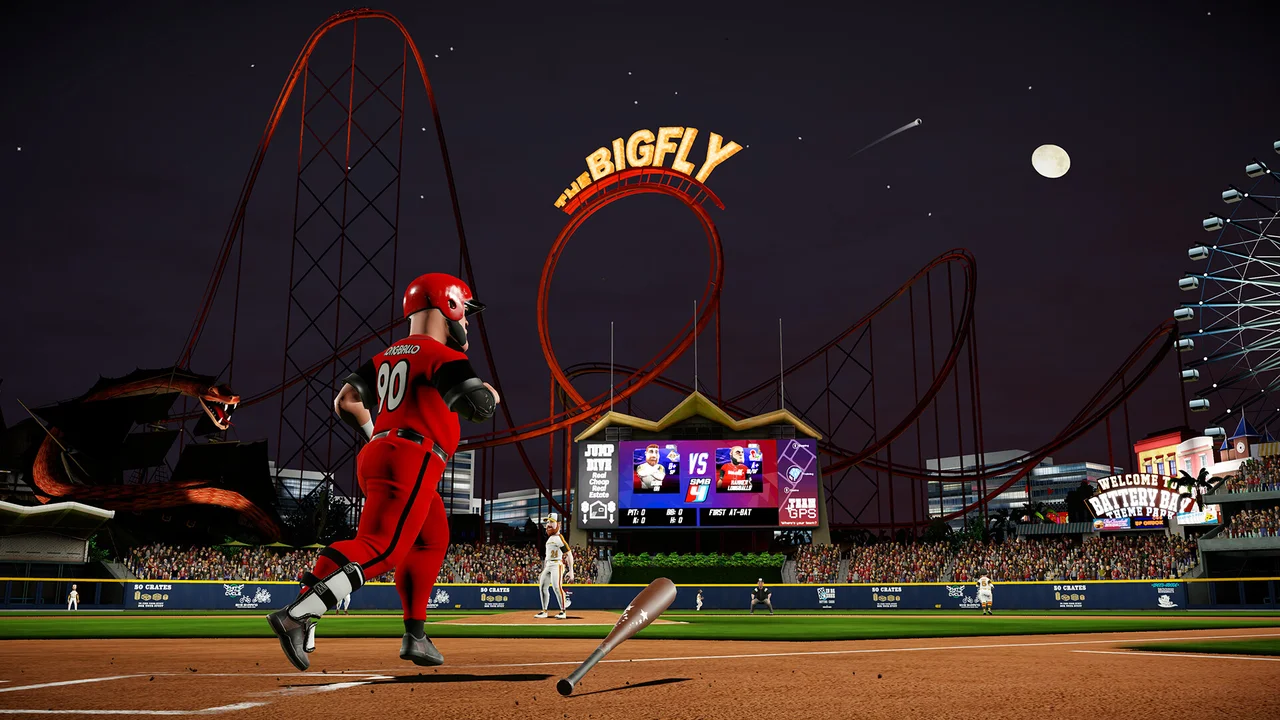 Gameplay screenshot of Super Mega Baseball 4 showing home plate batting stance and colorful stadium crowd