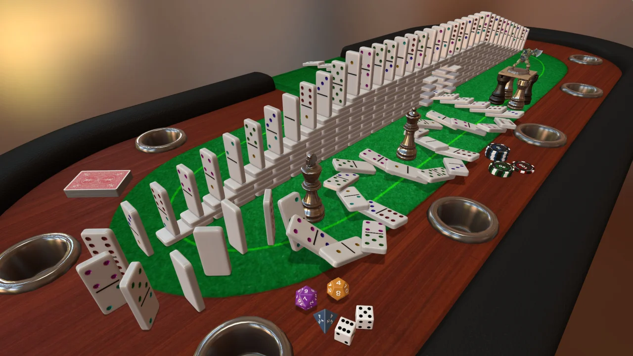 Gameplay screenshot of Tabletop Simulator showing an oval wooden gaming table covered with dominoes, dice, and chess pieces