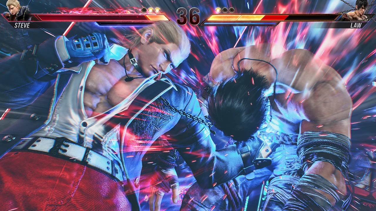 Jin Kazama and Kazuya Mishima trading heavy electrical strikes in a ruined urban arena in TEKKEN 8