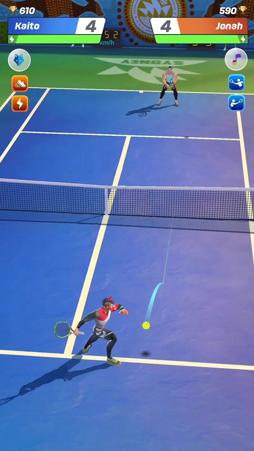 Gameplay screenshot of Tennis Clash showing real-time court volley and swipe trajectory