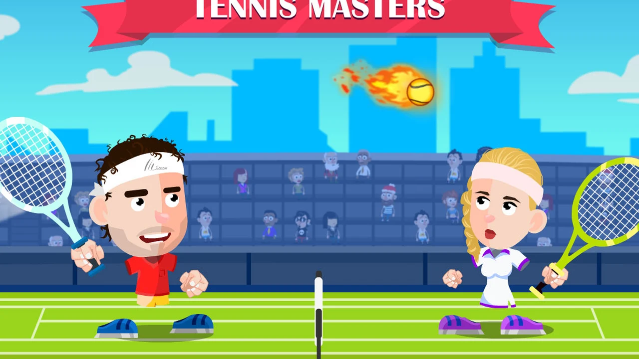 Tennis Masters 2D side-view tennis court with players smashing ball over the net