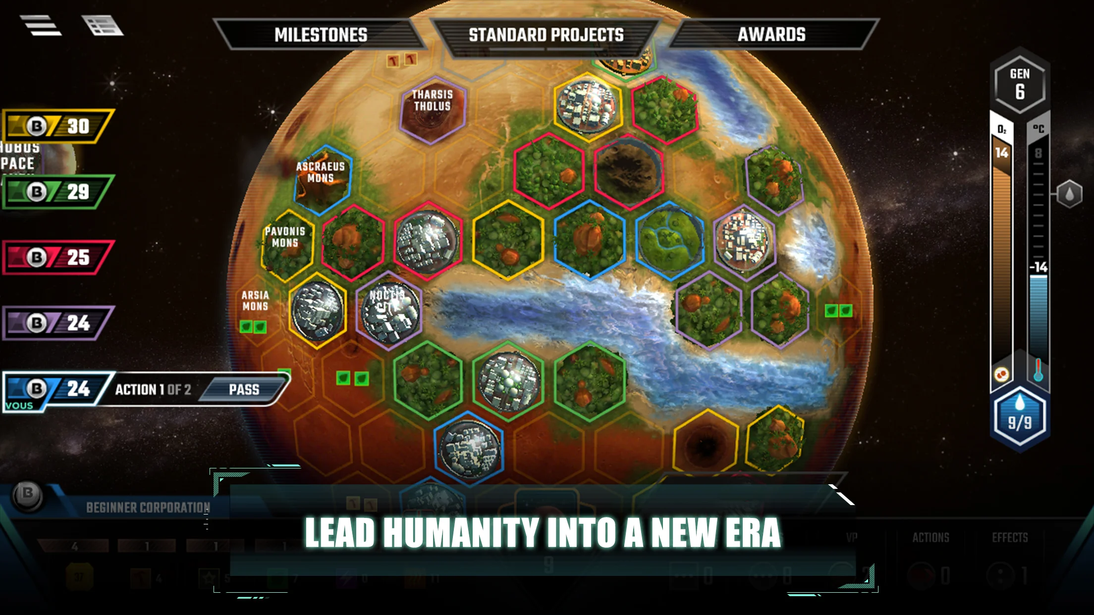 Gameplay screenshot of Terraforming Mars displaying the orbital view of the Martian globe with placed greenery and city tiles