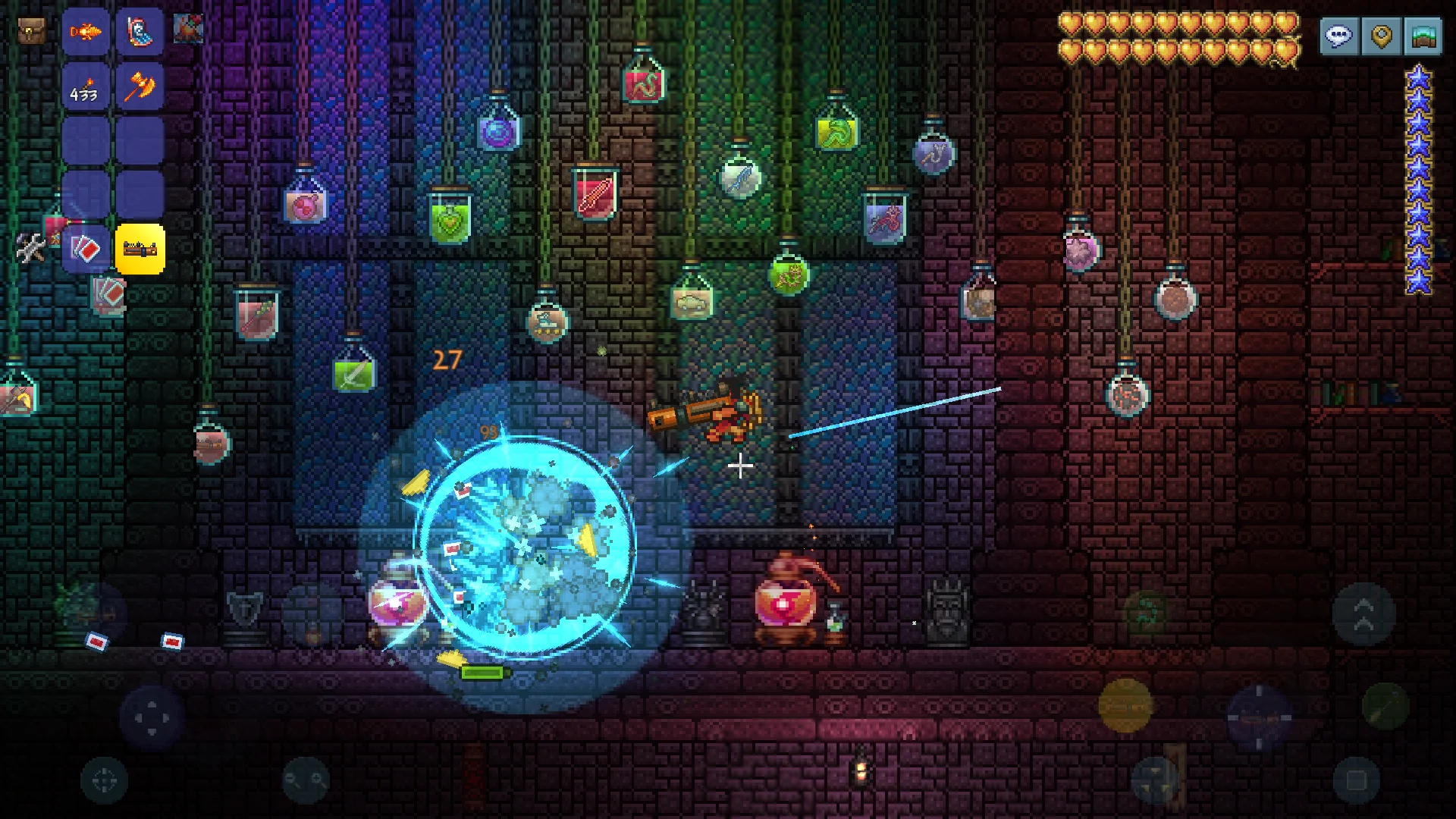Two-dimensional pixel art scene of an armed adventurer firing a blaster in a dungeon chamber with potion jars