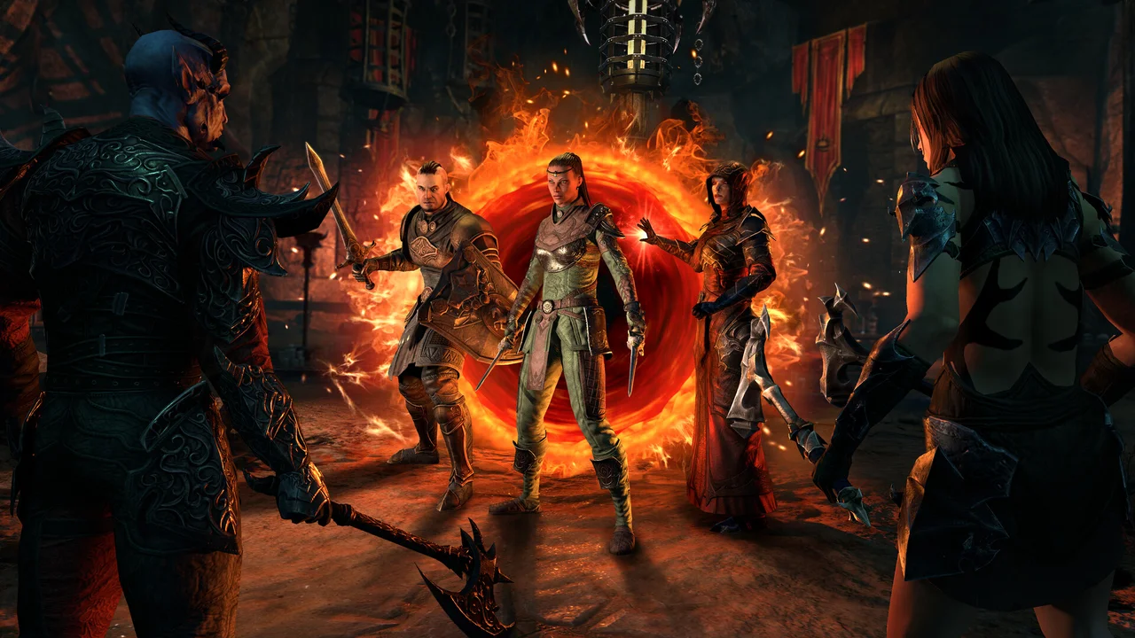 The Elder Scrolls Online party fighting an armored Daedric boss inside a dark stone dungeon