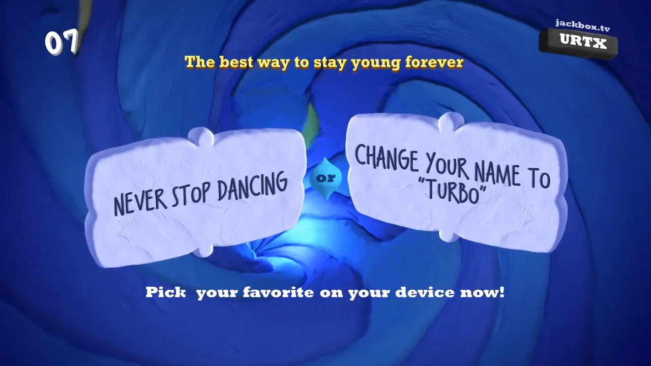 The Jackbox Party Pack 7 Quiplash 3 round displaying a humorous prompt with stone tablets and voting callout