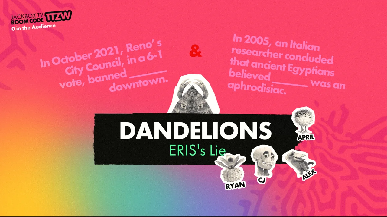 The Jackbox Party Pack 9 Fibbage 4 trivia prompt screen showing submitted player bluffs and avatar voting icons