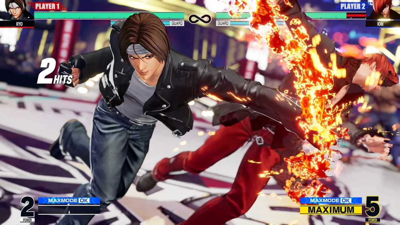 Kyo Kusanagi unleashing flame strikes in a 3v3 team battle in THE KING OF FIGHTERS XV