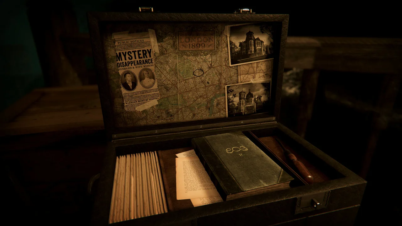 The Room 4: Old Sins gameplay showing an open Victorian briefcase containing a London map, newspaper articles, and an occult journal