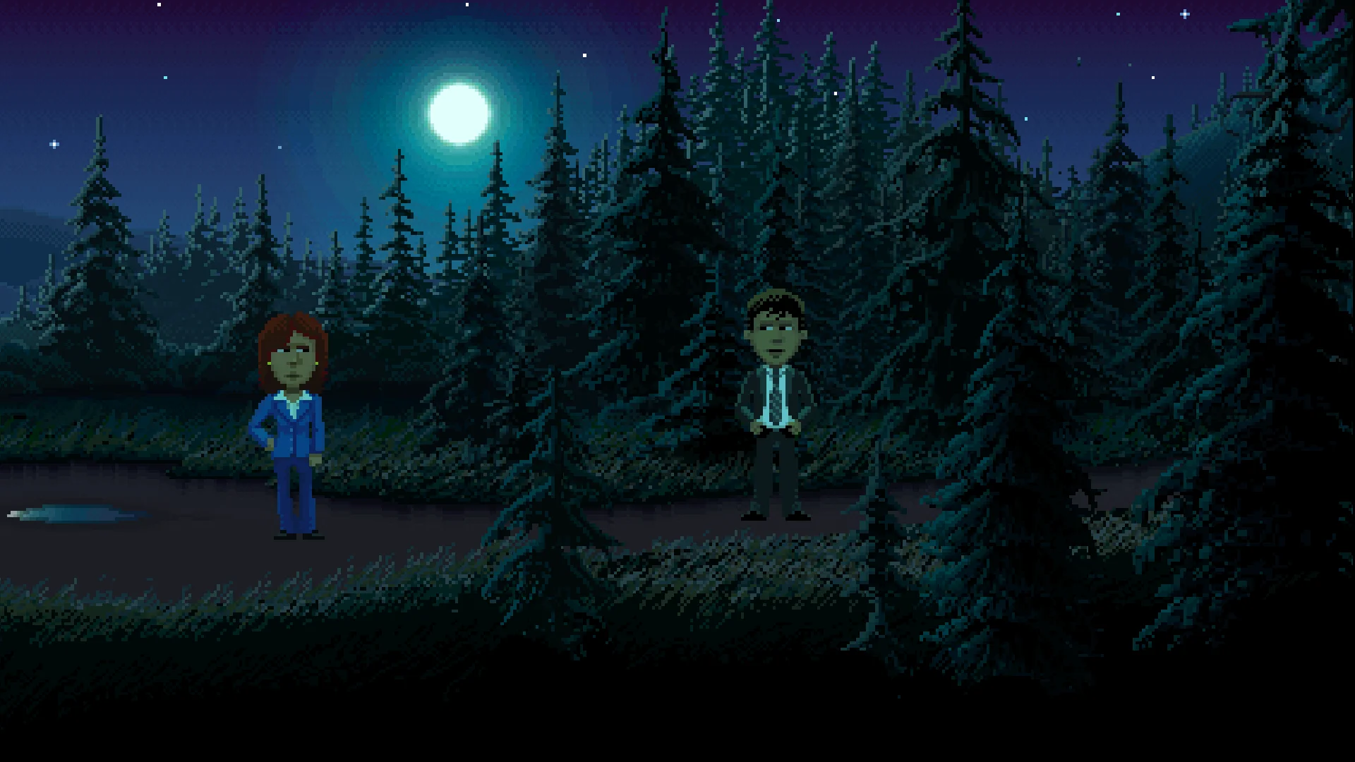 Pixel-art detective agents Ray and Reyes standing on a country forest path under a glowing full moon