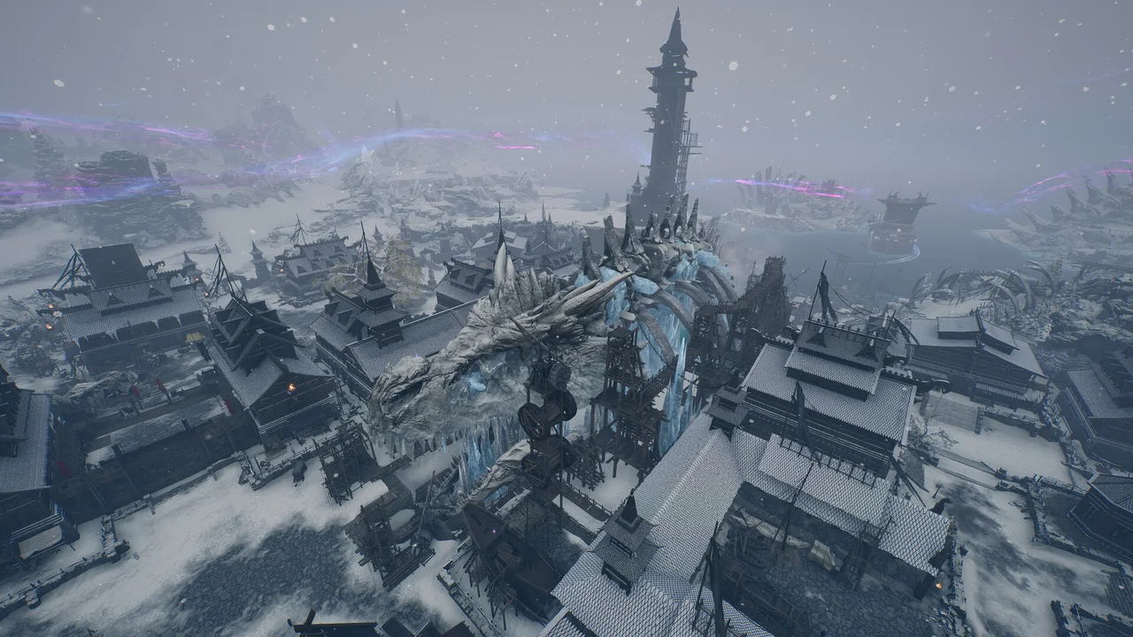 Throne and Liberty guild members storming a massive stone castle gate during an open-world siege battle