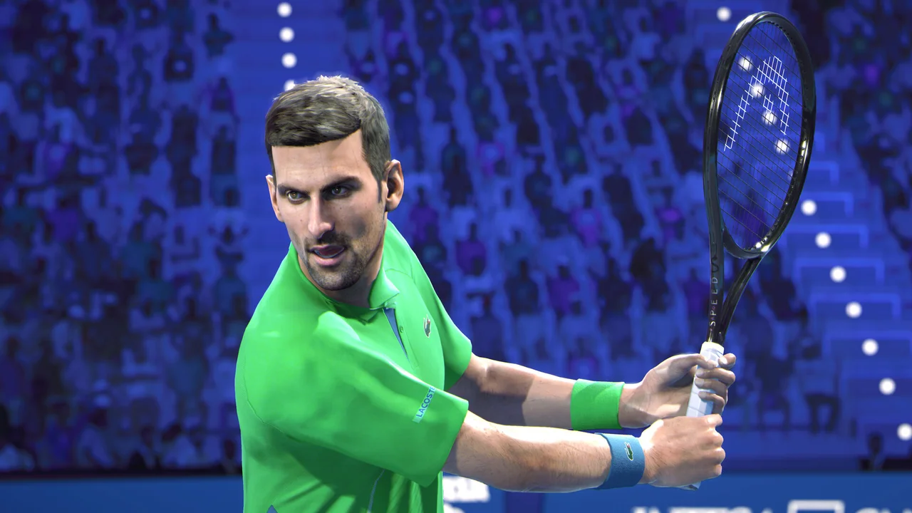 Gameplay screenshot of TIEBREAK showing baseline rally, court banners, and player serve animation