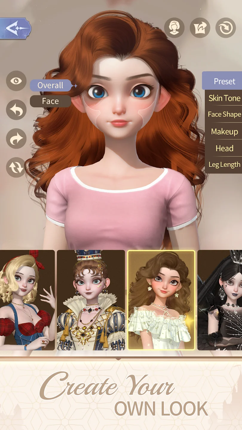 3D avatar customization screen with detailed facial styling controls and historical costume presets below