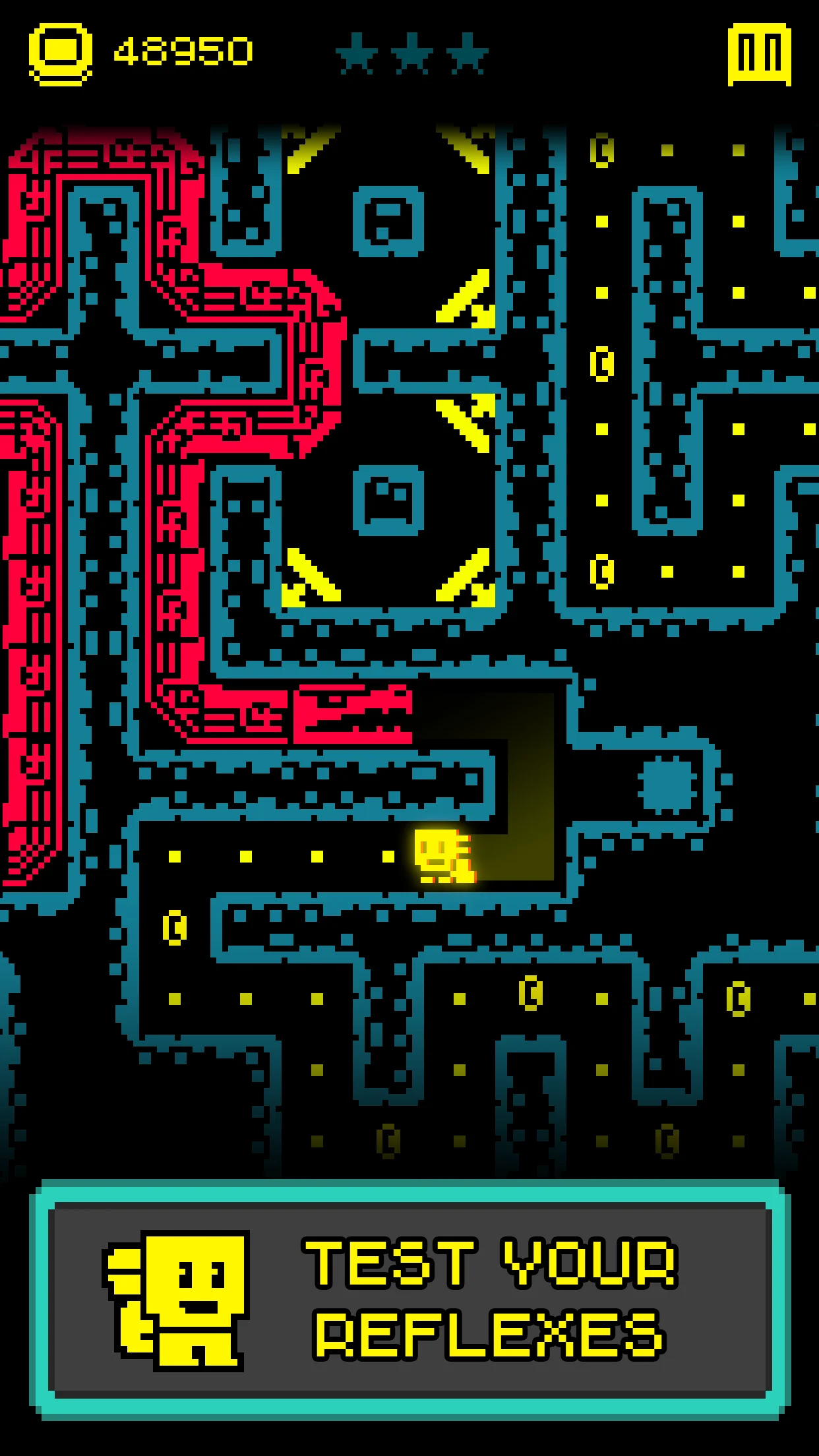 Gameplay screenshot of Tomb of the Mask showing a pixel explorer dashing along vertical maze walls avoiding hazards