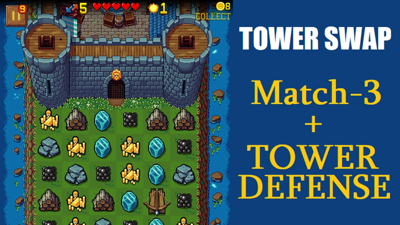 Tower Swap match-3 puzzle board merging resources into stone walls, ballistas, and defensive turrets