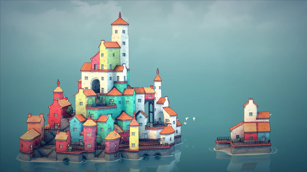 Townscaper gameplay showing a colorful island town with pastel towers, stone arches, and gulls soaring above blue water