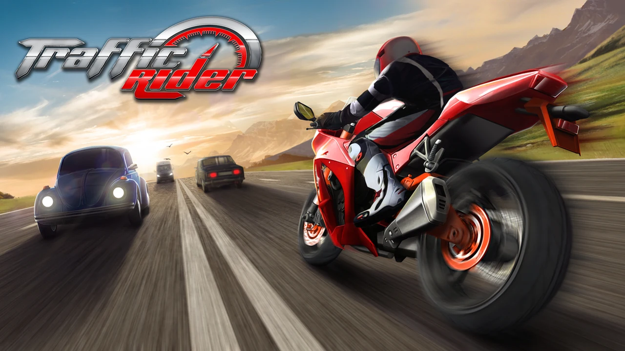 Traffic Rider first-person motorcycle handlebar viewpoint weaving through highway traffic