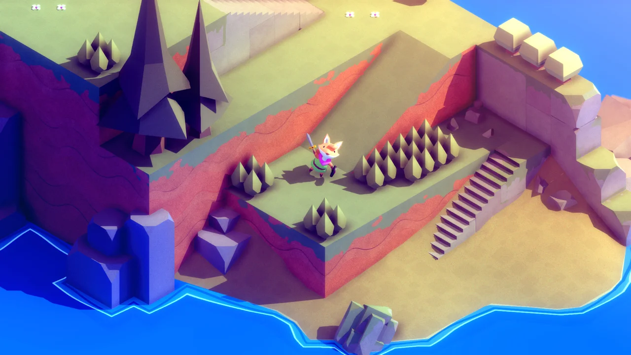 Isometric view of a small fox adventurer holding a sword on a cliff overlooking the ocean
