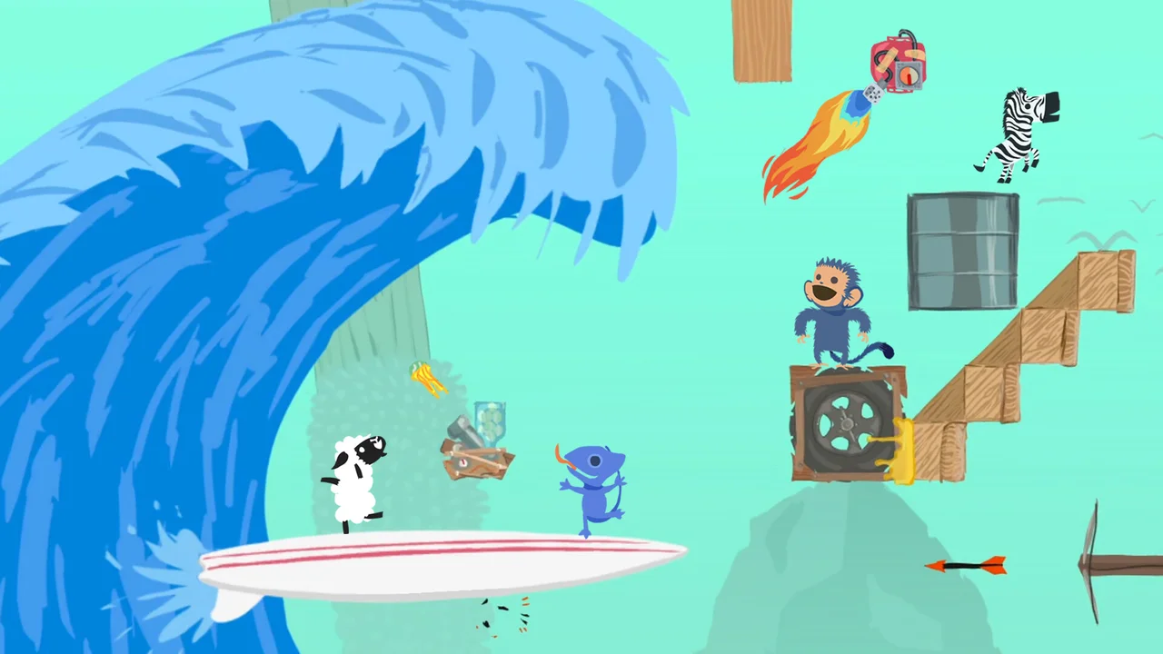 Ultimate Chicken Horse obstacle course stage showing animal characters leaping past a tidal wave and trap placements
