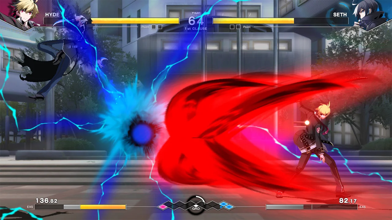 Hyde and Linne exchanging phantom blade slashes with visible GRD meter in UNDER NIGHT IN-BIRTH II Sys:Celes