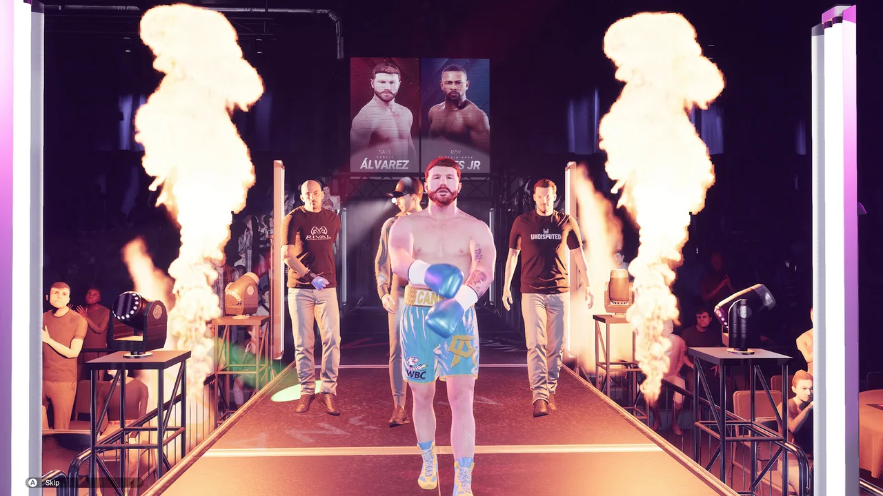Gameplay screenshot of Undisputed showing two heavyweight boxers trading blows under arena spotlights