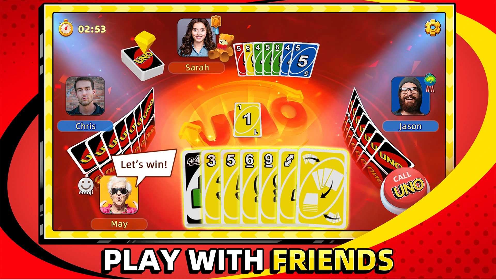 UNO mobile online four-player card match displaying colored hand cards, draw pile, and teammate indicators