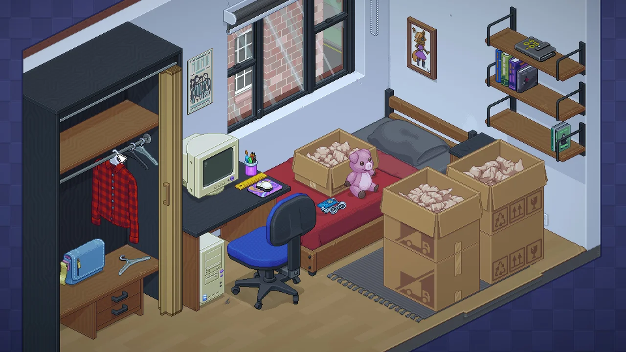 Unpacking gameplay showing an isometric pixel bedroom with open cardboard boxes, a CRT computer desk, and shelves