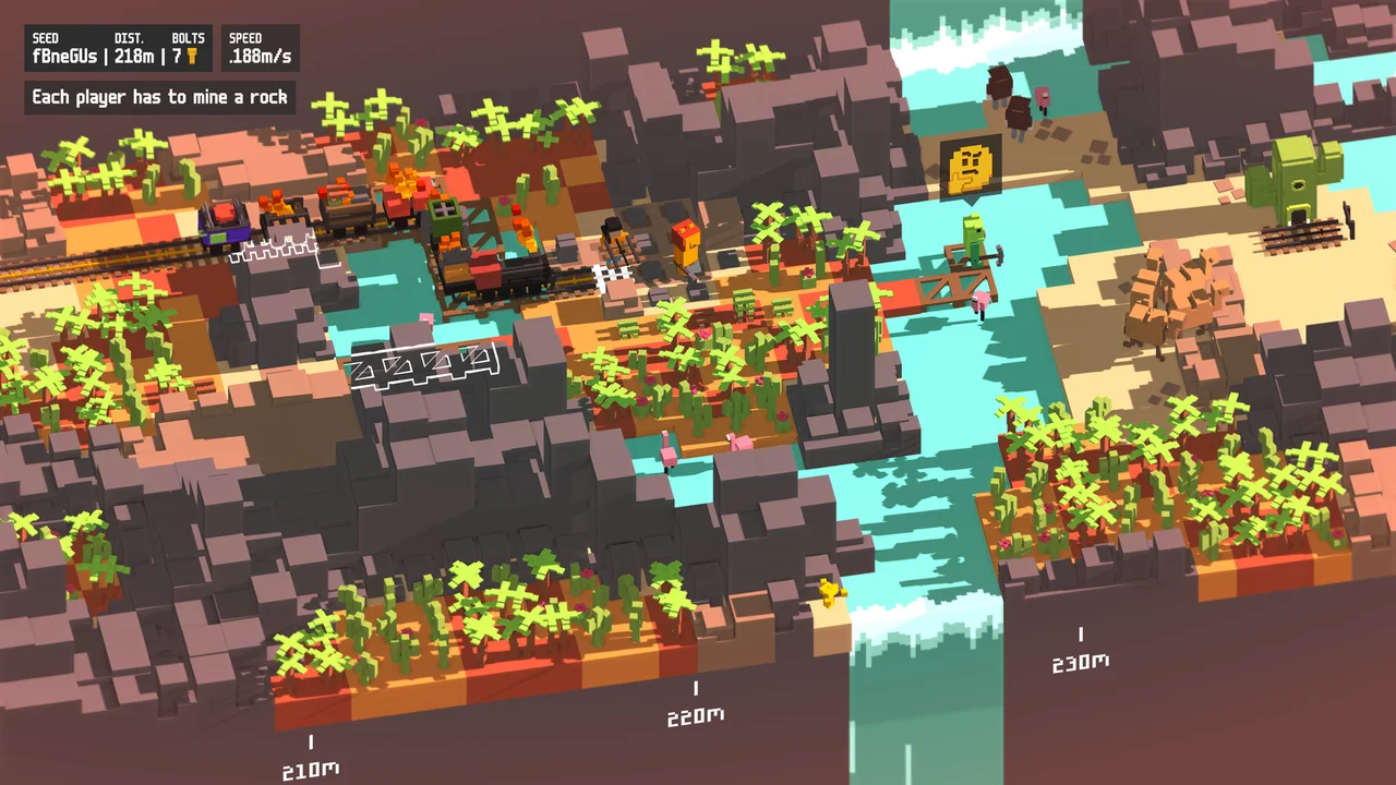 Unrailed voxel landscape showing players chopping wood and laying tracks ahead of a moving train with distance markers