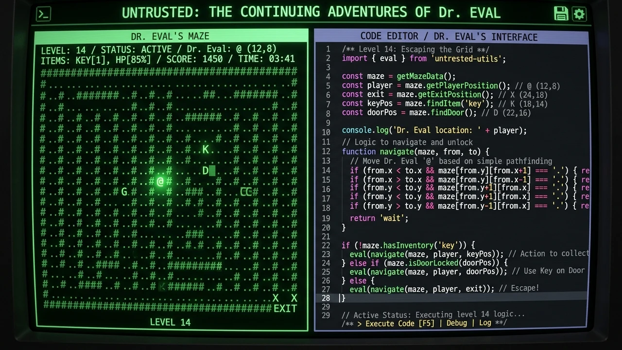 Untrusted Dr Eval terminal maze and JavaScript code editor puzzle screen