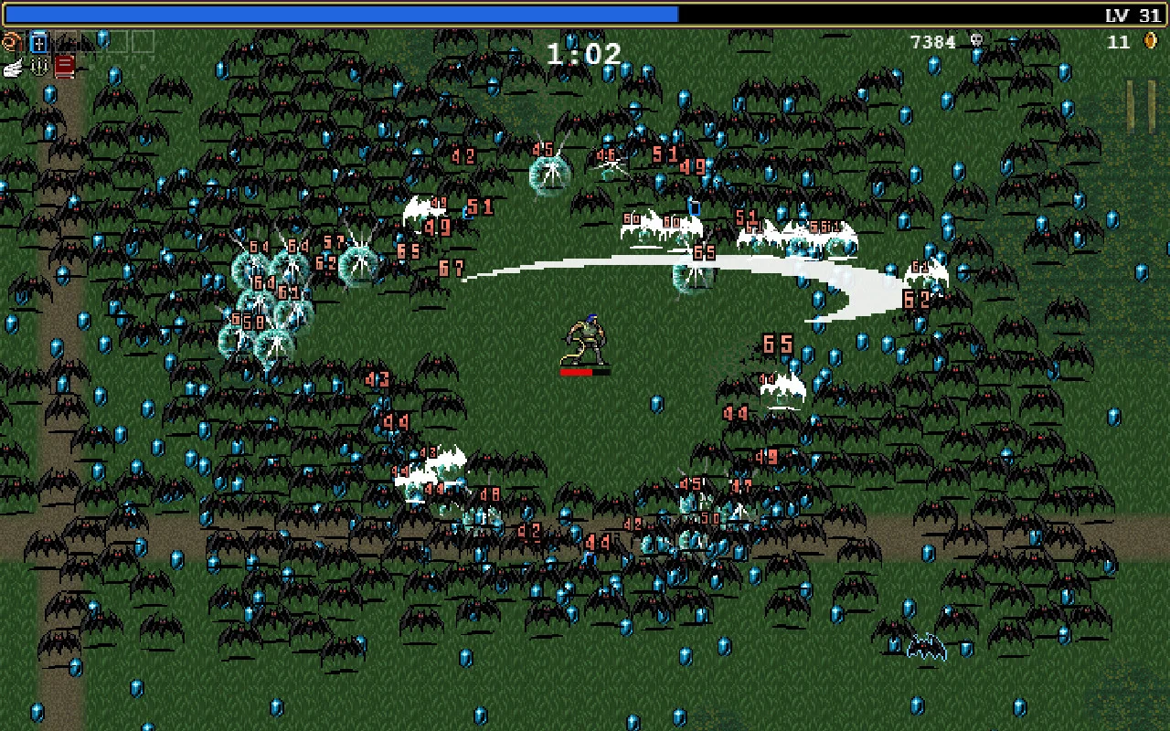 Gameplay screenshot of Vampire Survivors showing thousands of enemy swarms, spell projectiles, and experience gem collection