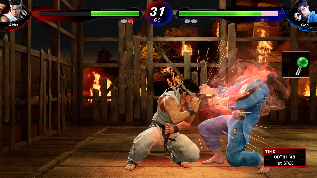 Akira Yuki and Pai Chan sparring in an elevated martial arts ring in Virtua Fighter 5 R.E.V.O. World Stage