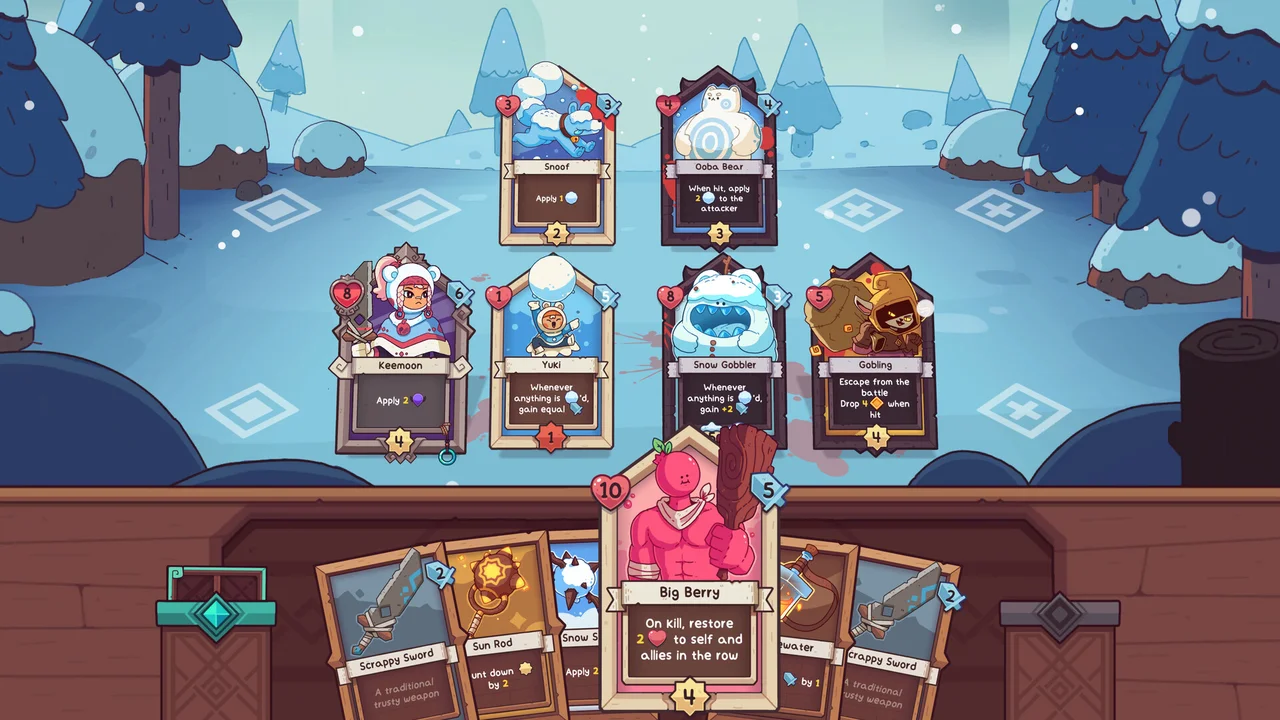 Gameplay screenshot of Wildfrost displaying a snowy tactical card battle with companion cards and turn counters
