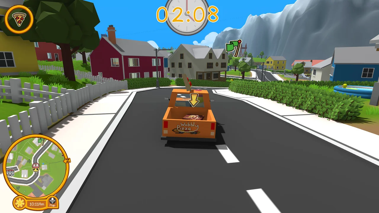 Wobbly Life pizza delivery truck speeding through an island neighborhood street with minimap and timer