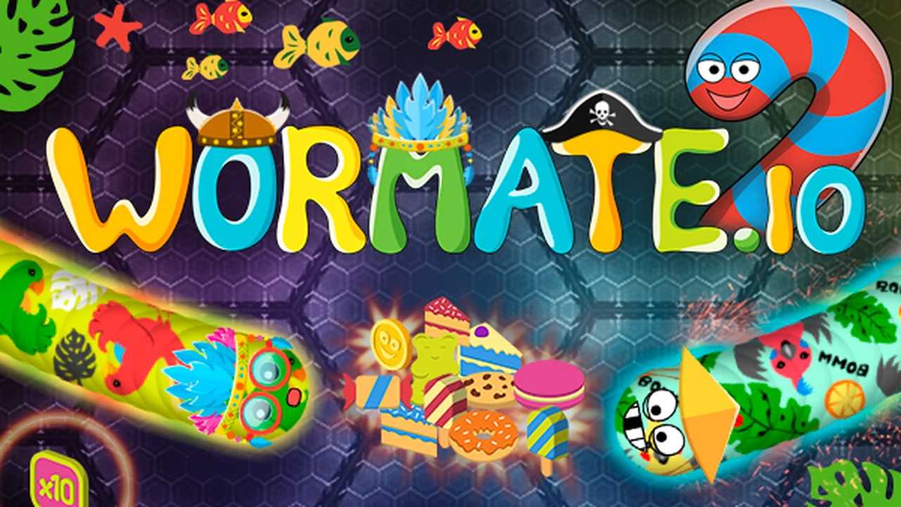 Wormate.io colorful worm growth arena showing sweet treats and player serpents