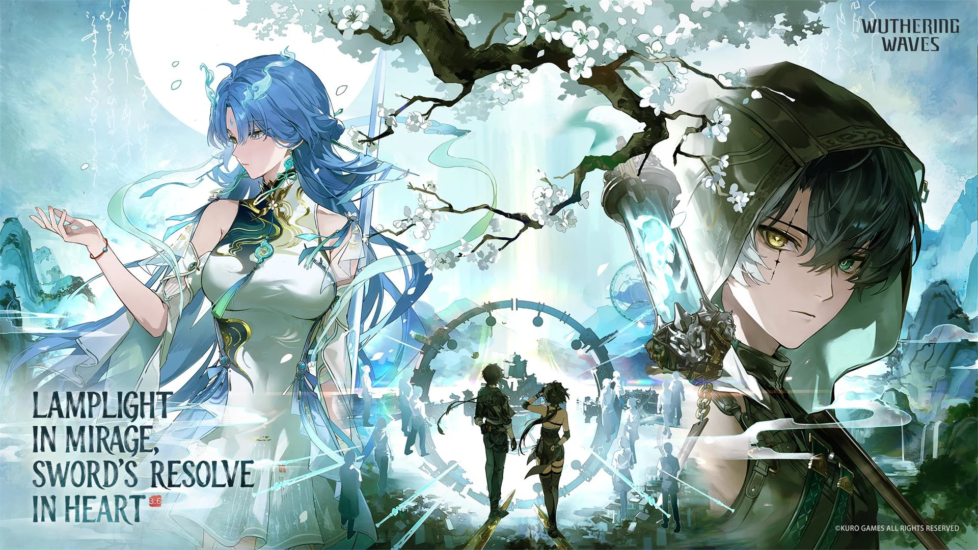 Anime resonator executing high-speed aerial sword slashes against a hovering cybernetic monster in Wuthering Waves