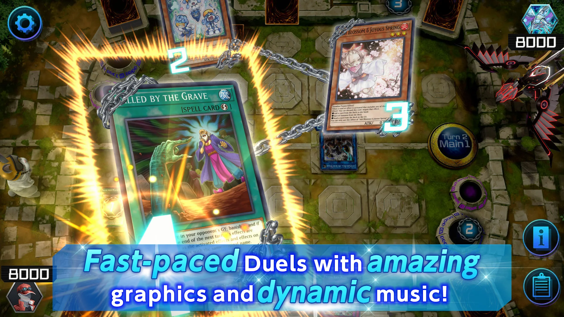 Gameplay screenshot of Yu-Gi-Oh! Master Duel displaying a digital duel field with spell card activation and 8000 Life Points counters