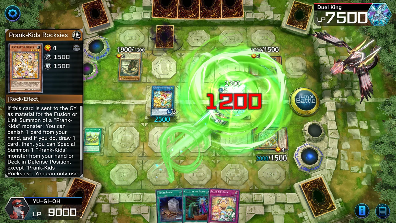 Digital trading card duel field with card zones, monster summon animations, and life point counters