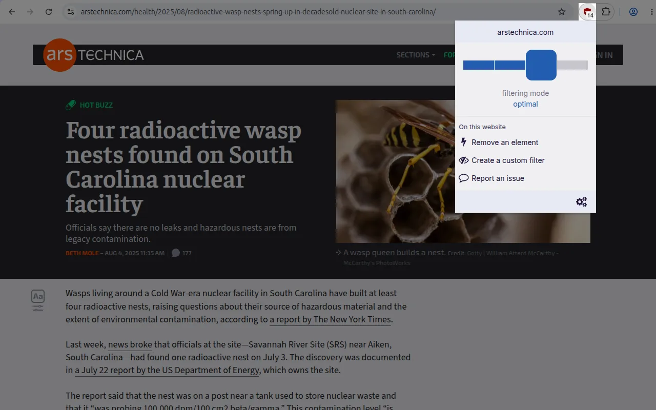 uBlock Origin Lite menu open on a news article, showing the filtering slider