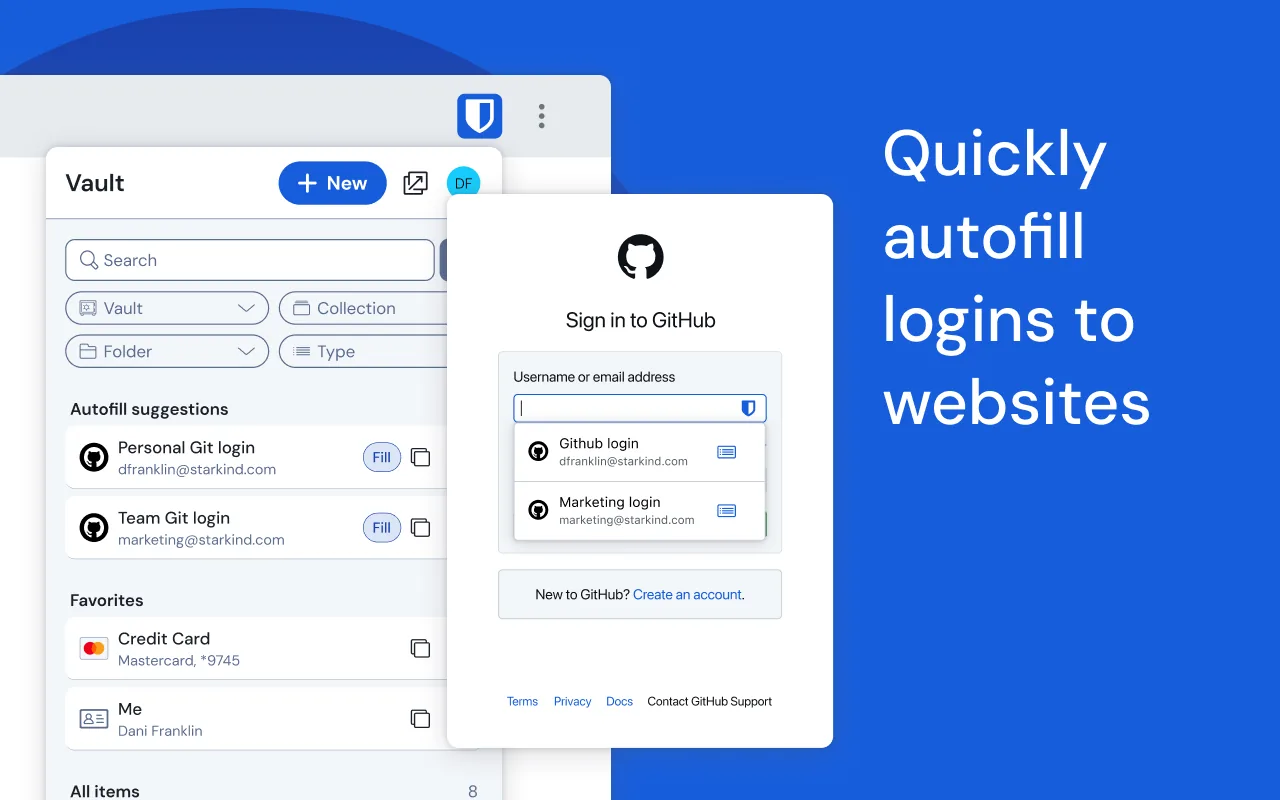 Bitwarden Password Manager vault open next to a sign-in page, with the text Quickly autofill logins to websites