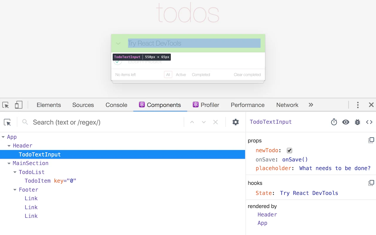 React Developer Tools Components panel inspecting a TodoTextInput component tree, props and hooks in Chrome DevTools