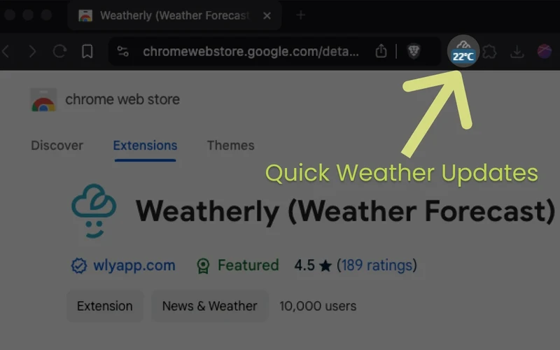 Weatherly extension popup displaying hourly temperatures, weather graph, and 7-day outlook