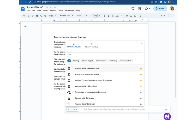 MagicSchool AI extension panel generating lesson plans, rubrics, and teaching resources